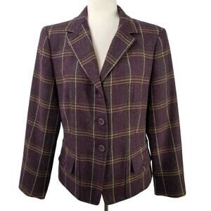 Talbots Petites Purple Green Yellow Plaid Vintage Wool Blazer Jacket Lined 14 P